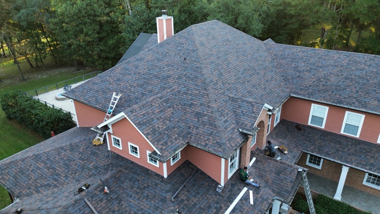 Completed residential roof aerial view